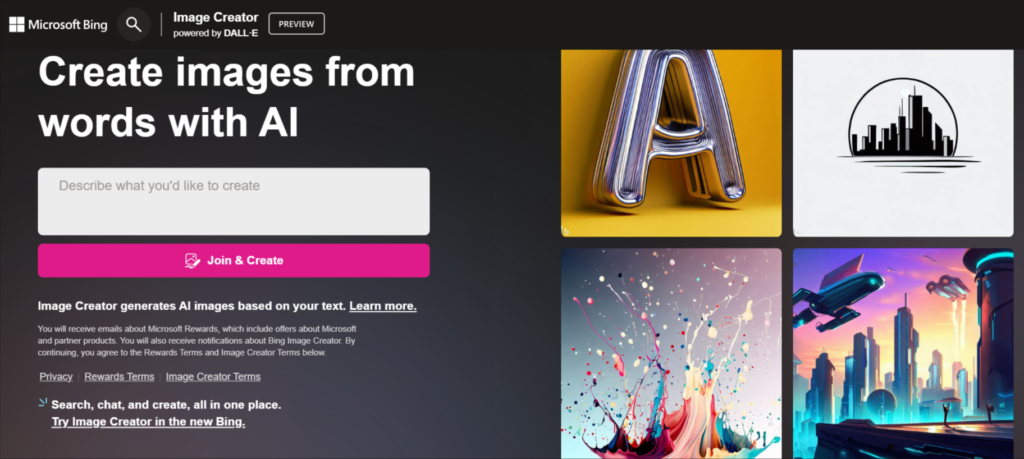 bing free ai image creator screenshot